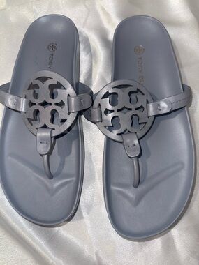 Tory Burch Gray Blue Miller Logo Thong Sandals